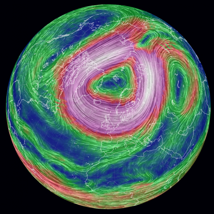 Polar vortex centred east of Greenland