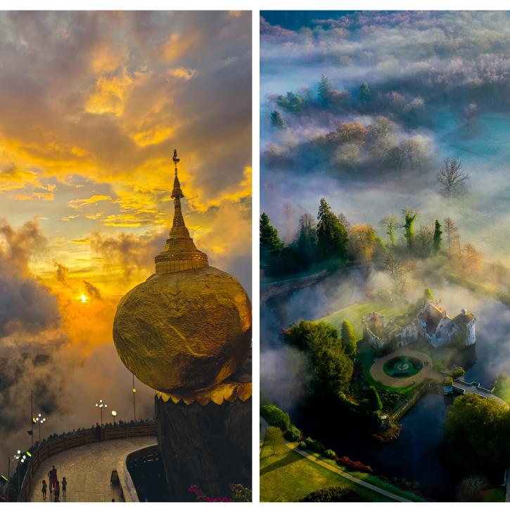 Sunset over a pagoda in Myanmar next to the morning mist over Scotney Castle