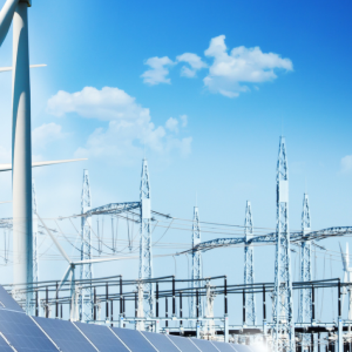 Square image of wind turbines and solar panels (left foreground) with power lines in the background against blue sky with light cloud