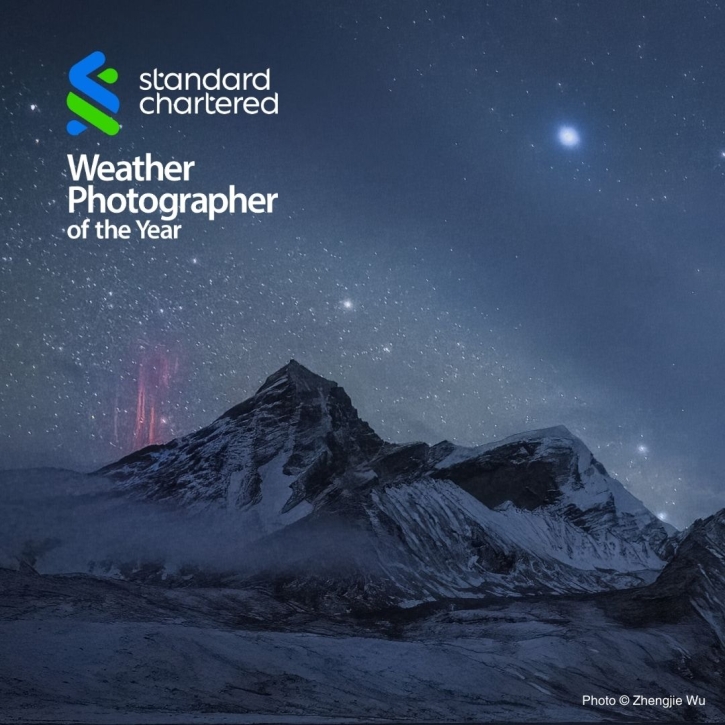 Red sprite lighting flashes over an mountain at twillight