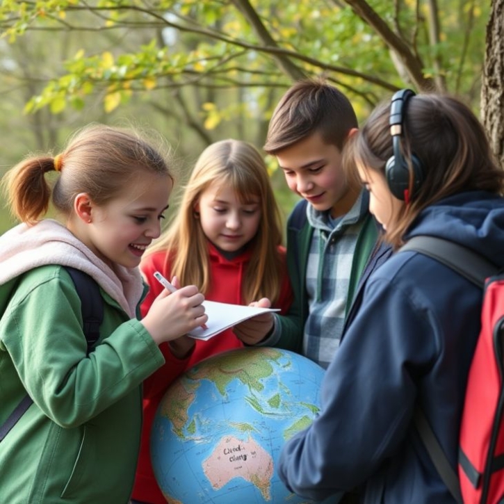 School children gather around a globe