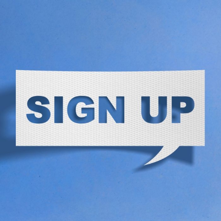 The words "sign up" in a speach bubble on blue background