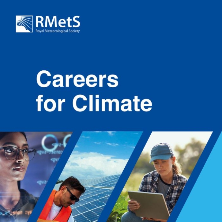 Front cover of an RMetS guide with images of people working in climate careers