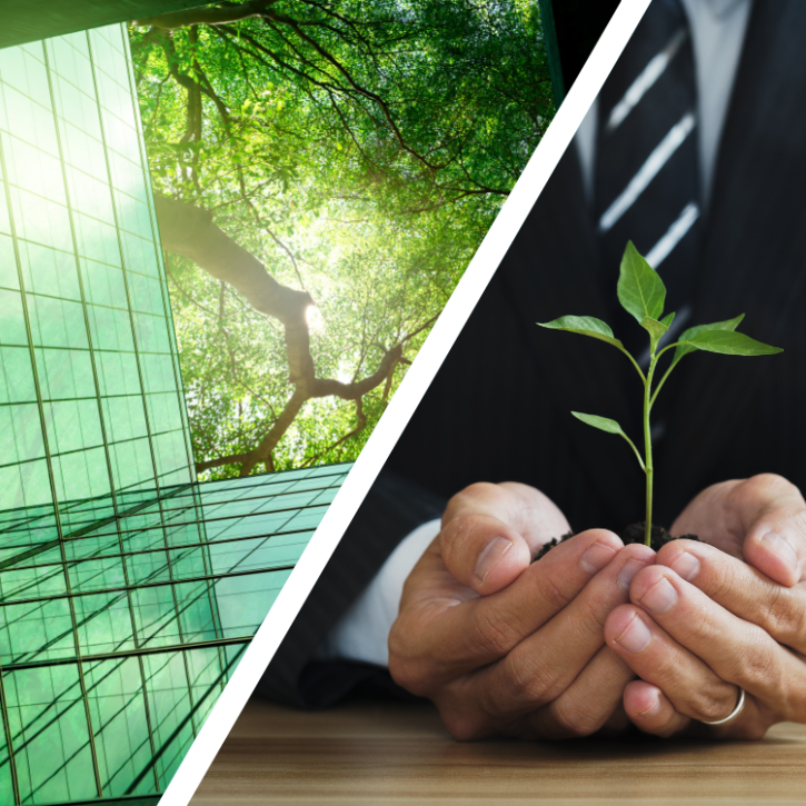 Image of green building and man with tree growing in his hand