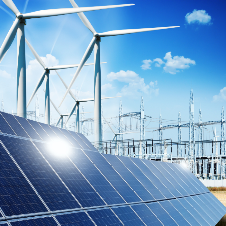 Image of wind turbines behind solar panels