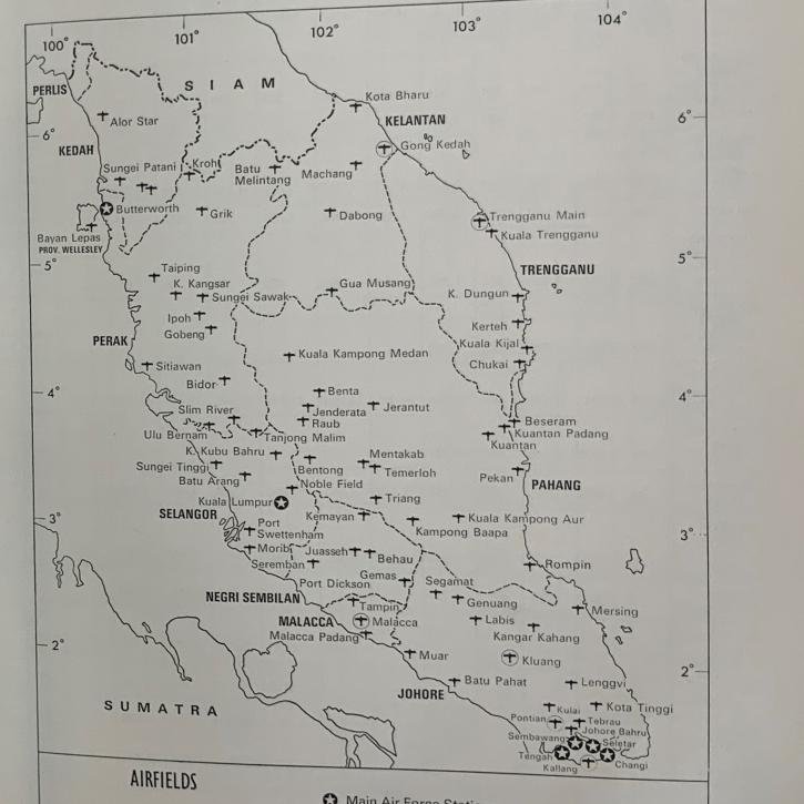 Map of airfields in Malaya 1955
