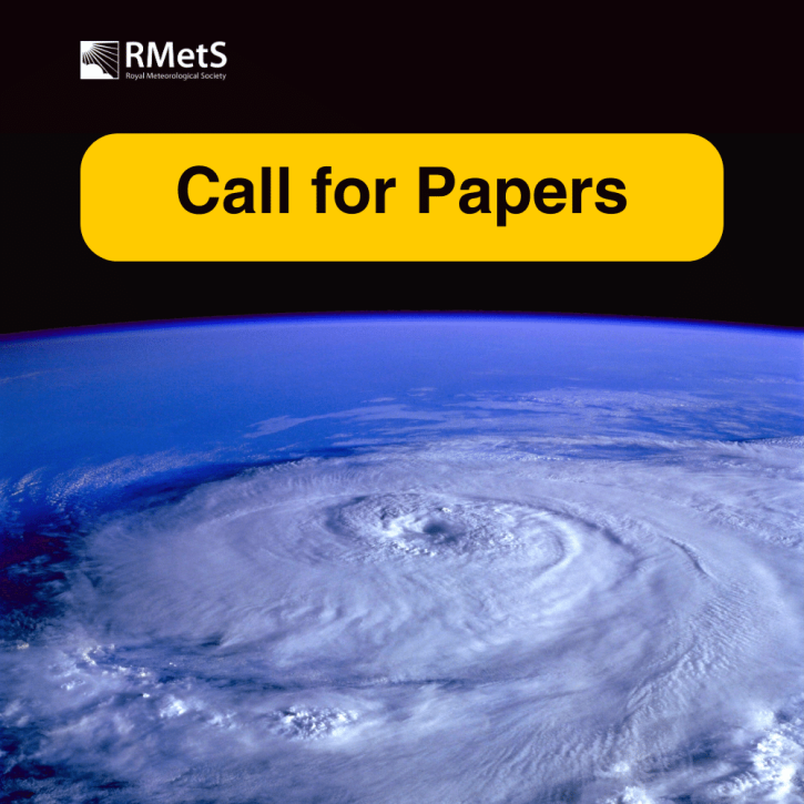 Shows Annual Weather and Climate Conference graphic with satellite picture of clouds plus a sign saying Call For Papers