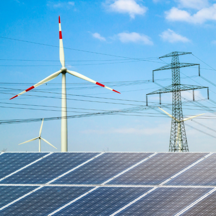 Image of a wind turbine behind solar panels